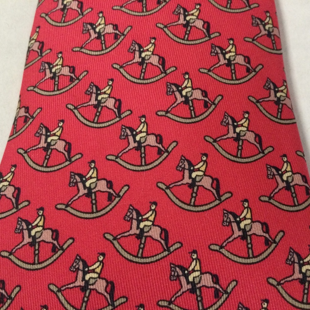 HERMES Silk Tie Horse with Rider Red & Tan Luxury Parisian Excellent Condition - Picture 3 of 9